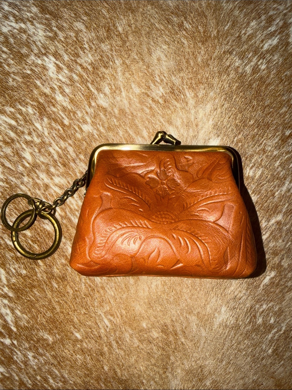 Patricia Nash Embossed Floral Leather Coin Purse in Tan with Brass Hardware
